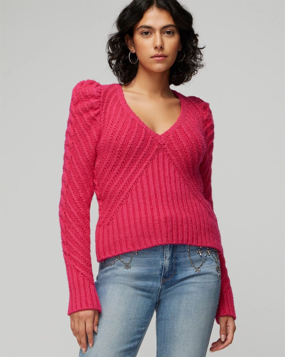 Puff sleeve v neck sweater outlet